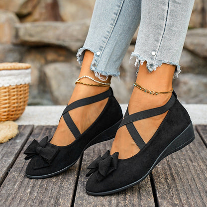Fiorelle Women’s Elara Bow Suede Wedge Loafers – Elastic Cross-Strap Comfort Slip-Ons (US 5–10.5)