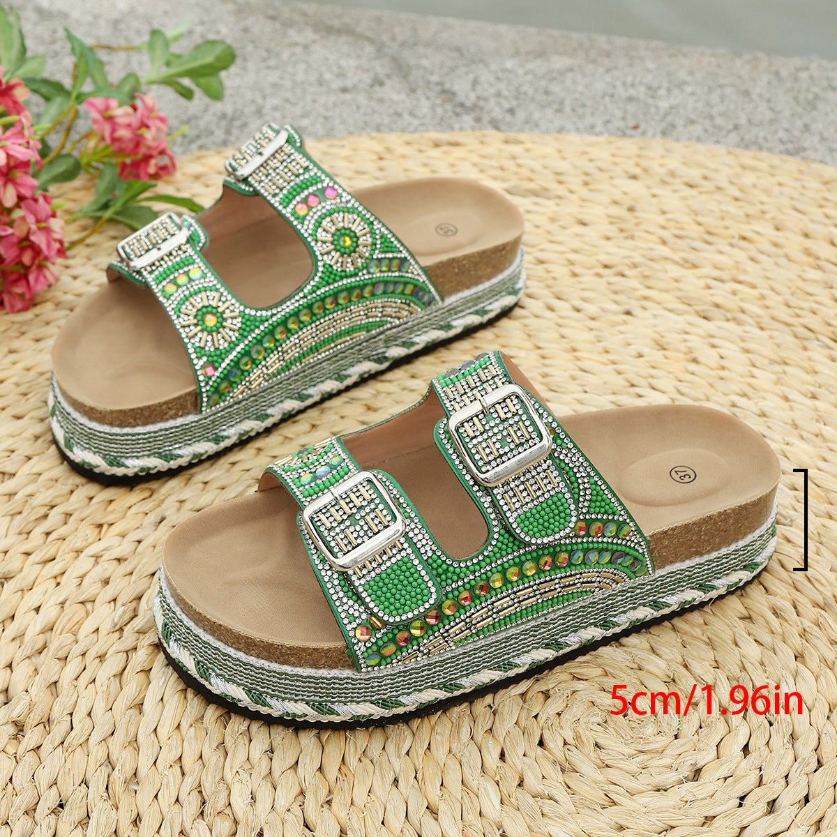 Fiorelle Women’s Calyra Rhinestone Platform Slide Sandals – Boho Metallic Buckle Rope Detail Resort Slides (US 5–10.5)