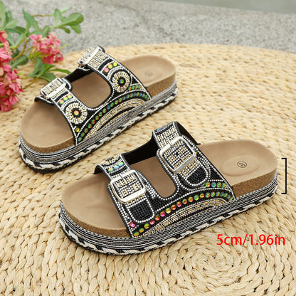 Fiorelle Women’s Calyra Rhinestone Platform Slide Sandals – Boho Metallic Buckle Rope Detail Resort Slides (US 5–10.5)