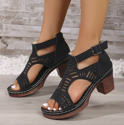 Fiorelle Women’s Cove Buckle Peep-Toe Heels – Cutout Chunky High Heel Sandals (US 5–10.5)