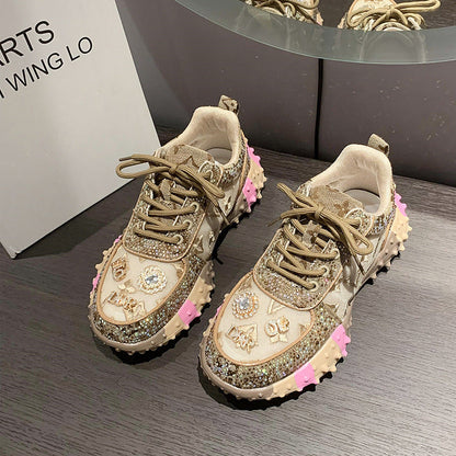 Fiorelle Women’s Lumira Embroidered Letter Mesh Platform Sneakers – Rhinestone Detail Chunky Sole Light Luxury Fashion Sneakers (US 4–10.5)