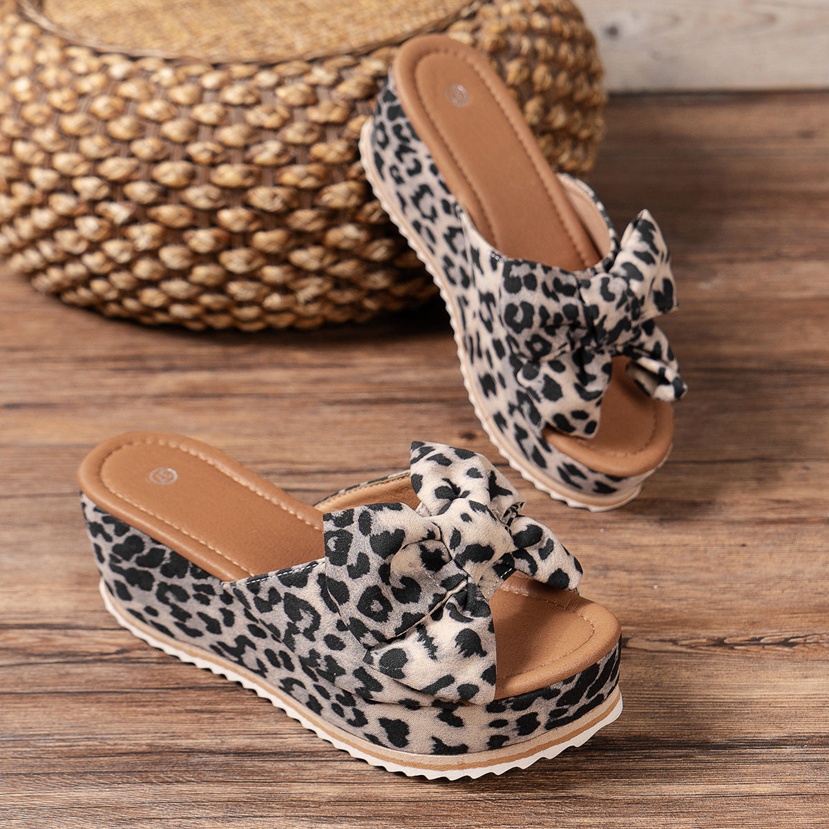 Fiorelle Women’s Sorelle Leopard Print Bow Platform Wedge Slides – Stable Chunky Heel Casual Summer Sandals (US 5–10)