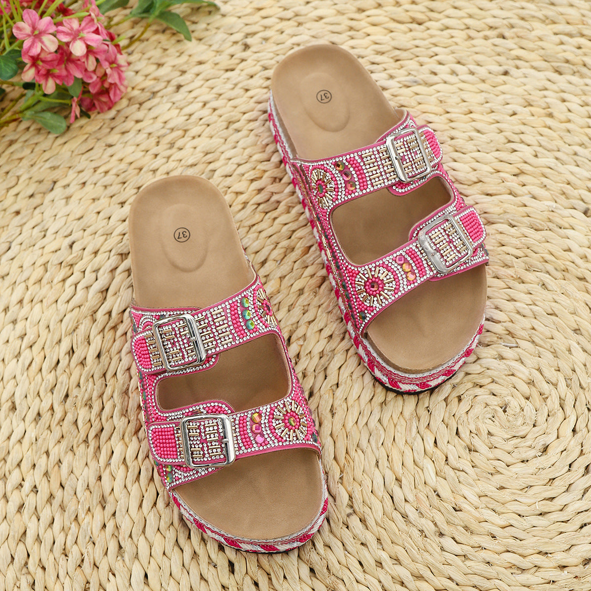 Fiorelle Women’s Calyra Rhinestone Platform Slide Sandals – Boho Metallic Buckle Rope Detail Resort Slides (US 5–10.5)