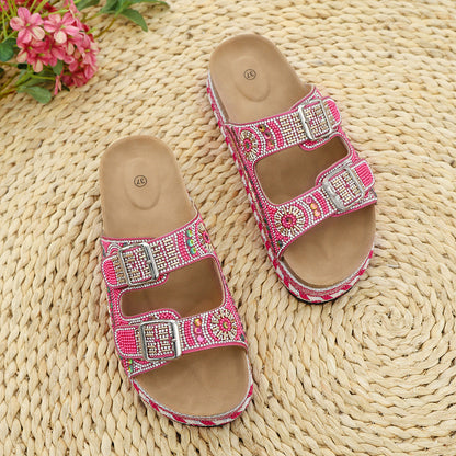 Fiorelle Women’s Calyra Rhinestone Platform Slide Sandals – Boho Metallic Buckle Rope Detail Resort Slides (US 5–10.5)