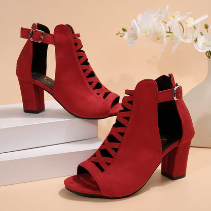 Fiorelle Women's Odette Suede Peep-Toe Cutout Bootie Sandals – Buckle Strap Chunky Heel Sophisticated Boot Sandals (US 3.5–11.5)