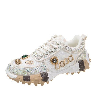 Fiorelle Women’s Lumira Embroidered Letter Mesh Platform Sneakers – Rhinestone Detail Chunky Sole Light Luxury Fashion Sneakers (US 4–10.5)