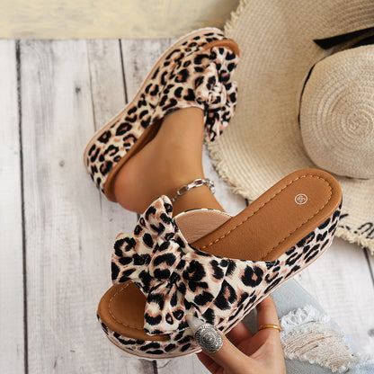 Fiorelle Women’s Sorelle Leopard Print Bow Platform Wedge Slides – Stable Chunky Heel Casual Summer Sandals (US 5–10)