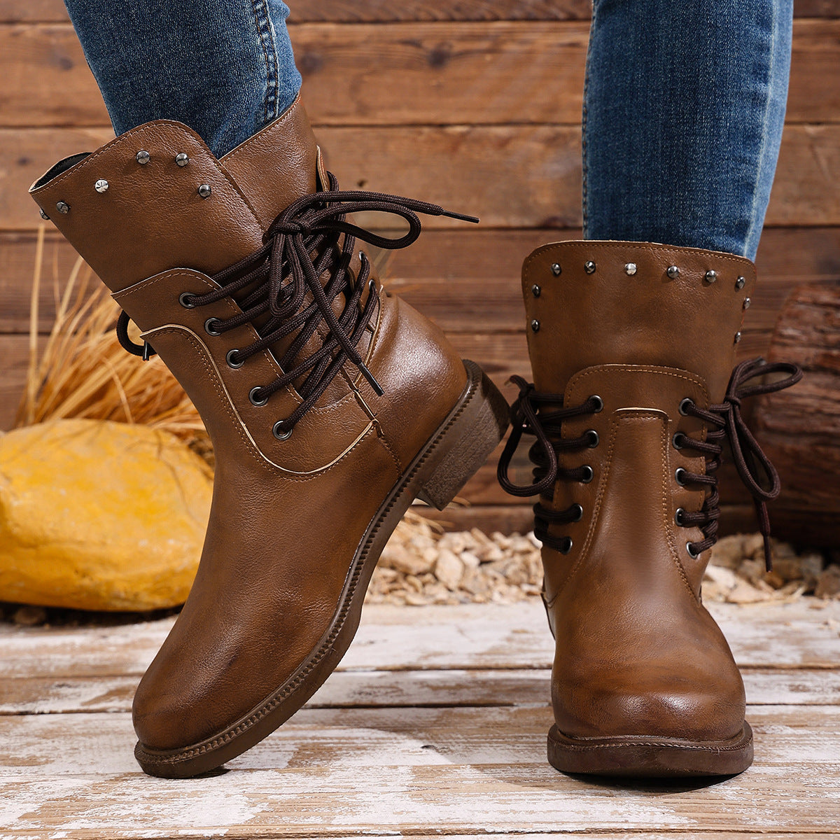 Fiorelle Women's Rivet Roma Boots - Side Lace Chunky Heel Mid Calf Boots (US 4-10.5)