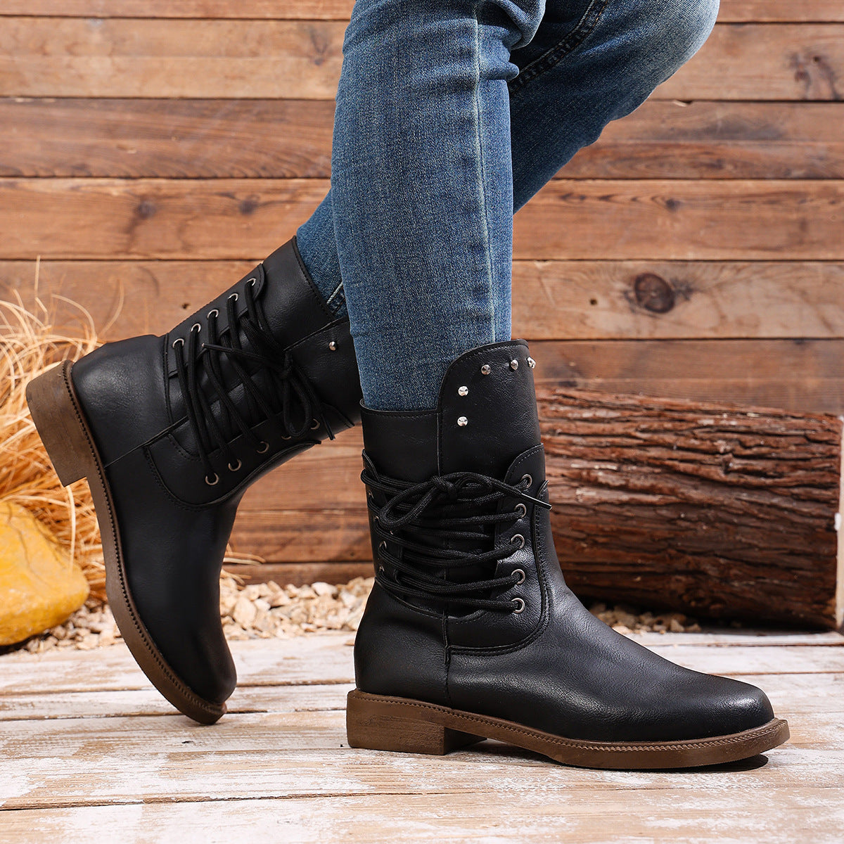 Fiorelle Women's Rivet Roma Boots - Side Lace Chunky Heel Mid Calf Boots (US 4-10.5)